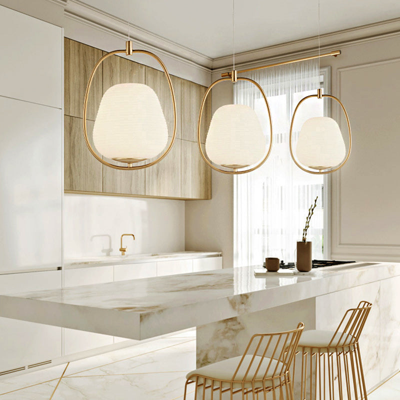 Modern Gold Pendant Lamp With White Glass In Oval Shape - 1 Light Dining Room Fixture