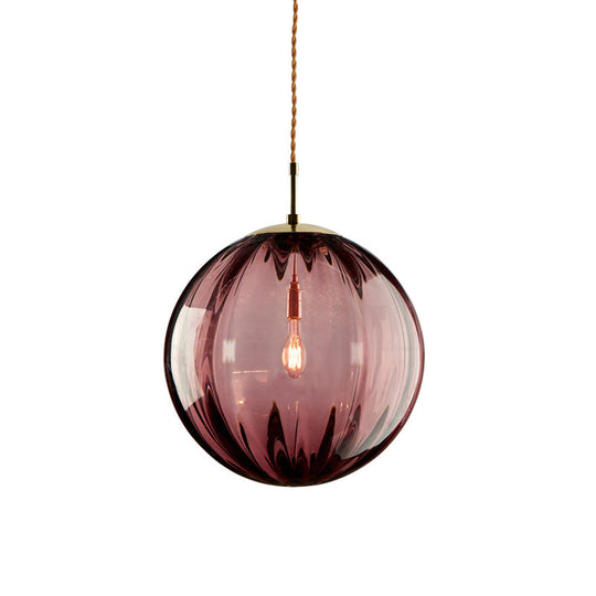 Modern Blue/Purple/Smoky Ribbed Glass Sphere Pendant Light - Led Hanging Ceiling Lamp For Bedroom