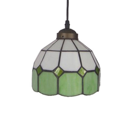 Tiffany Glass Ceiling Pendant Light - Green/Blue Hand Cut 1-Head Suspension Lamp For Restaurants