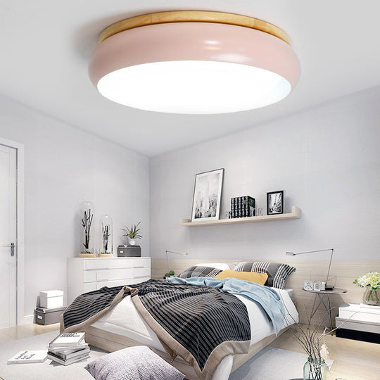 18/21.5 Dia Led Flush Mount Drum Lamp In Macaron Wood White/Pink/Green - White/Warm/Natural Light