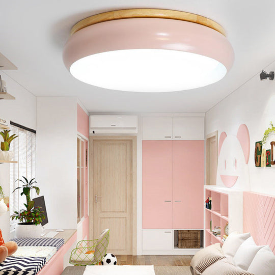 18/21.5 Dia Led Flush Mount Drum Lamp In Macaron Wood White/Pink/Green - White/Warm/Natural Light