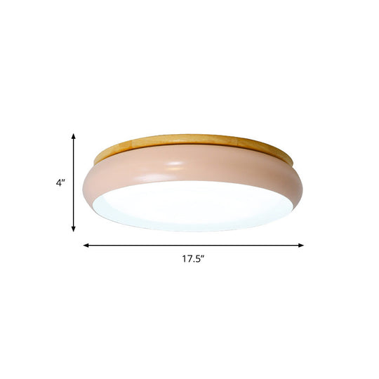 18/21.5 Dia Led Flush Mount Drum Lamp In Macaron Wood White/Pink/Green - White/Warm/Natural Light