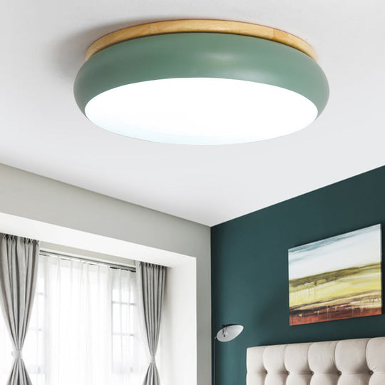 18’/21.5’ Dia Led Flush Mount Drum Lamp In Macaron Wood White/Pink/Green - White/Warm/Natural Light