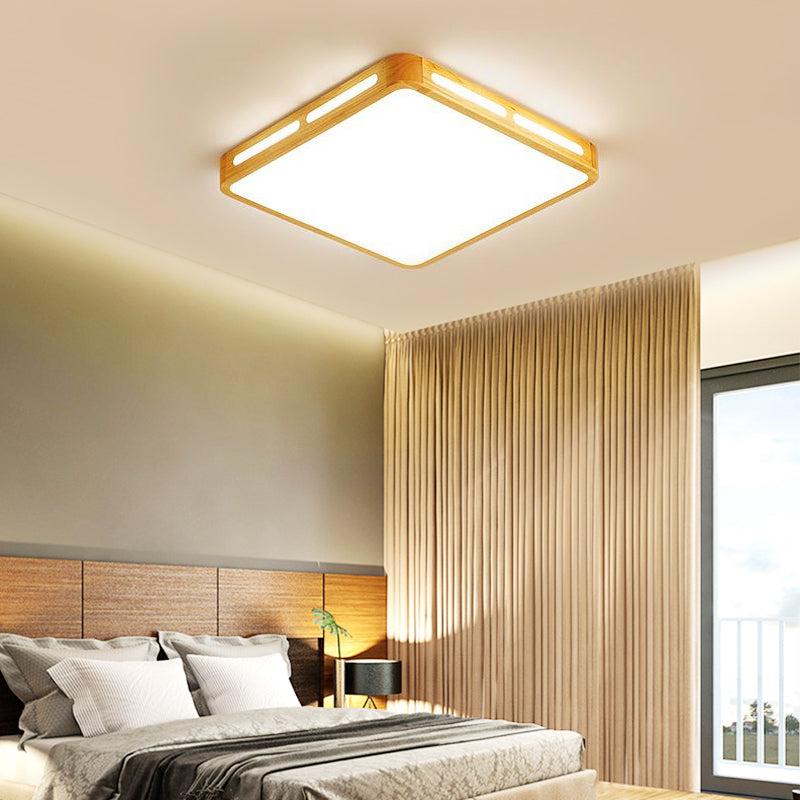 Modern Wood Beige Led Ceiling Light For Bedroom - Rectangle Flush Mount Lamp 12’/18’/21’/25.5’ Wide