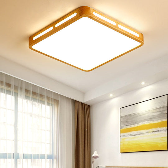 Modern Wood Beige Led Ceiling Light For Bedroom - Rectangle Flush Mount Lamp 12’/18’/21’/25.5’ Wide