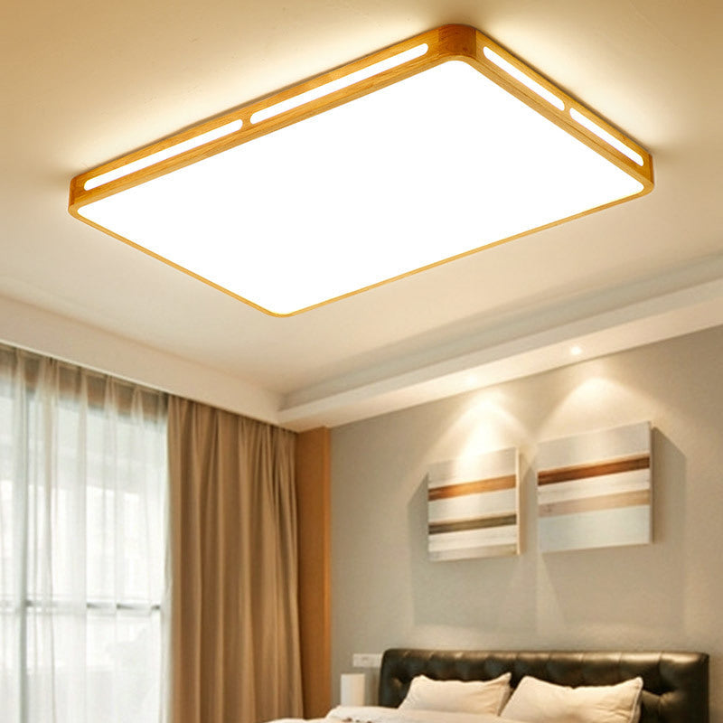 Minimalist Wood Beige Led Flush Mount Lamp For Bedroom - 25.5’/37.5’ Wide Rectangle Ceiling Light