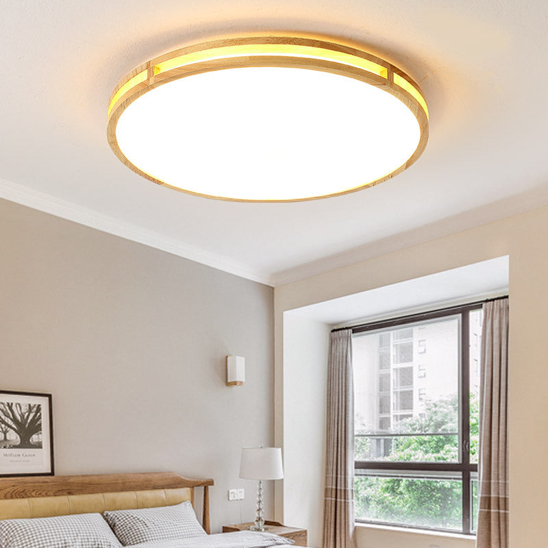 Contemporary Wood Beige Led Flush Mount Lamp - 14/16/19.5 Dia Circle With Acrylic Diffuser / 14