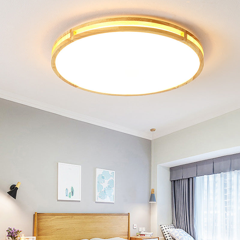 Contemporary Wood Beige Led Flush Mount Lamp - 14’/16’/19.5’ Dia Circle With Acrylic Diffuser