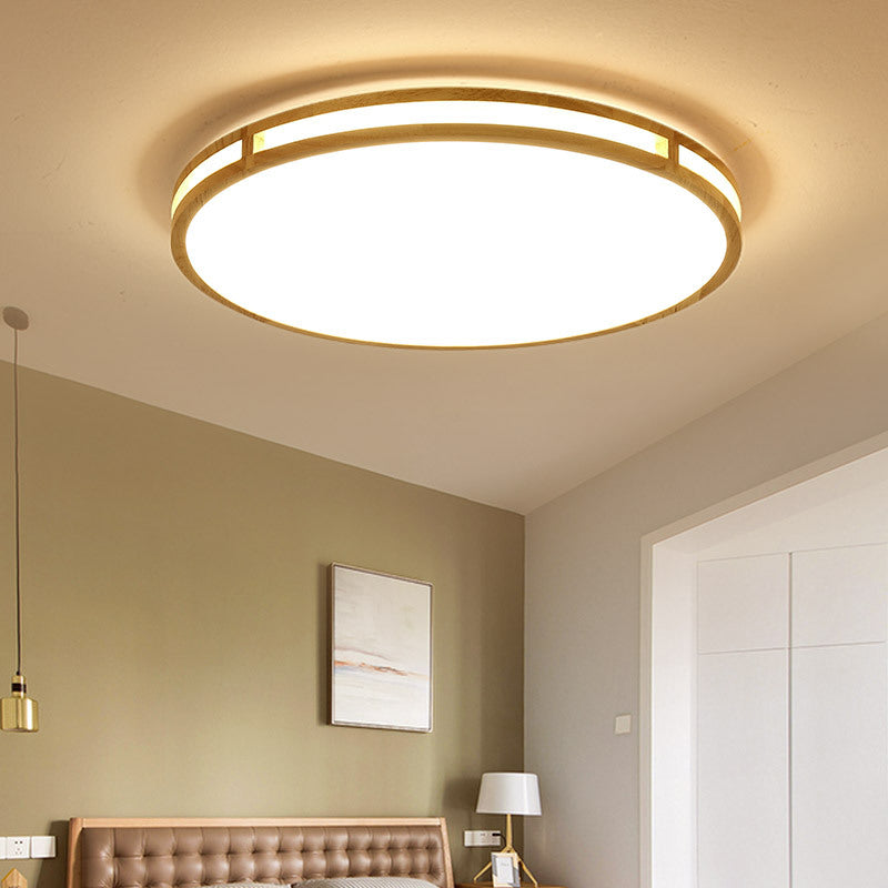 Contemporary Wood Beige Led Flush Mount Lamp - 14/16/19.5 Dia Circle With Acrylic Diffuser