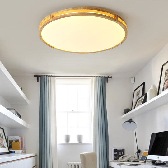 Contemporary Wood Beige Led Flush Mount Lamp - 14/16/19.5 Dia Circle With Acrylic Diffuser