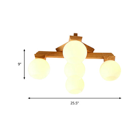 Contemporary Milk Glass Semi Flush Mount Light With Wood Fixture Arm - 3/5/7 Lights Branch Lighting