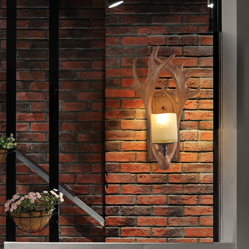 Vintage Deer Horn Wall Lamp With Cylinder Beige Glass Shade For Restaurants 1 / Brown