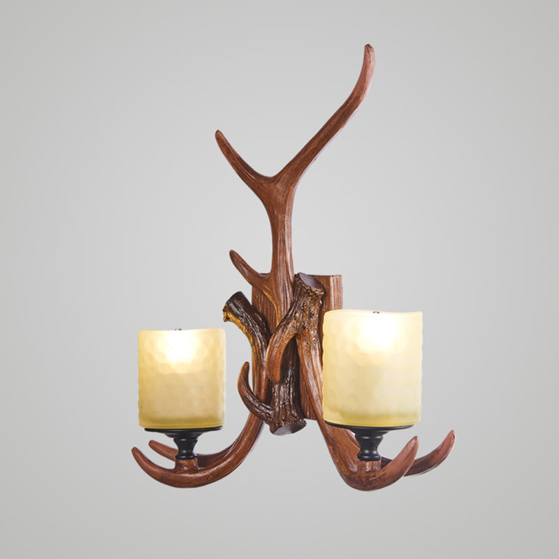 Vintage Deer Horn Wall Lamp With Cylinder Beige Glass Shade For Restaurants