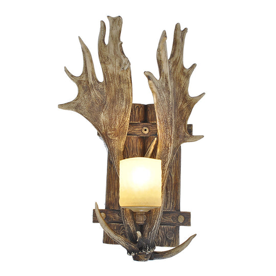 Rustic Resin Antler Wall Mount Light With Handblown Glass Shade - Brown