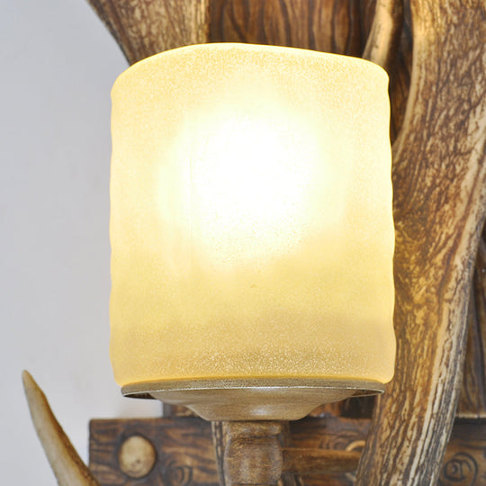 Rustic Resin Antler Wall Mount Light With Handblown Glass Shade - Brown