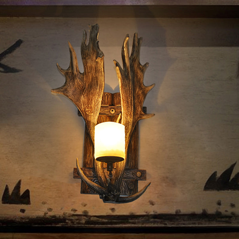 Rustic Resin Antler Wall Mount Light With Handblown Glass Shade - Brown