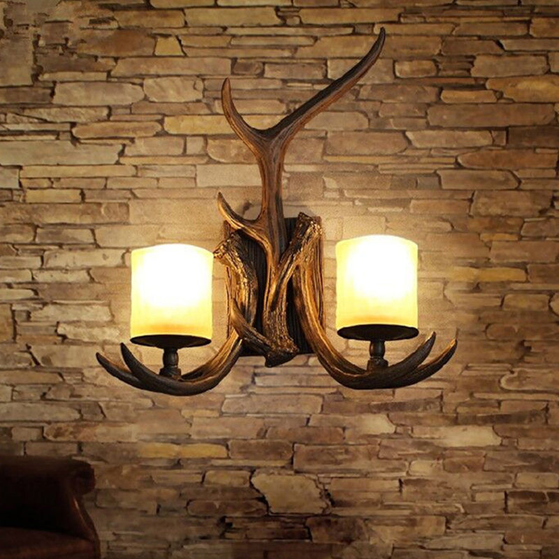 Rustic Frost Glass Wall Lamp With Brown Cylinder 2 Bulbs - Decorative Antler Accent For Living Room