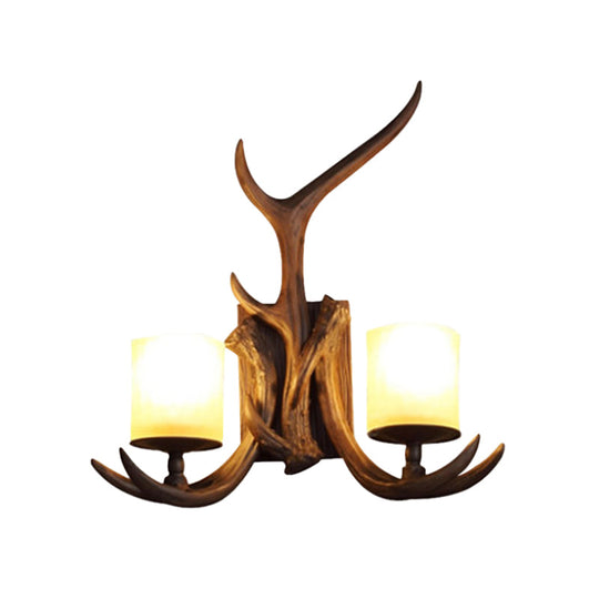 Rustic Frost Glass Wall Lamp With Brown Cylinder 2 Bulbs - Decorative Antler Accent For Living Room