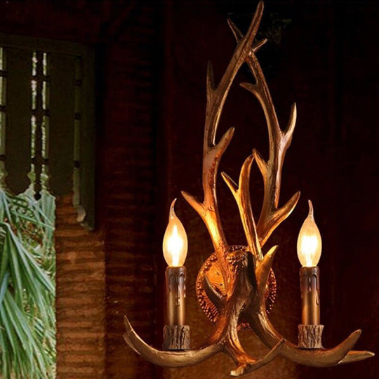 Brown Deer Horn Wall Light With Resin Heads And Candle Decor Perfect For Restaurants