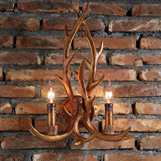 Brown Deer Horn Wall Light With Resin Heads And Candle Decor Perfect For Restaurants