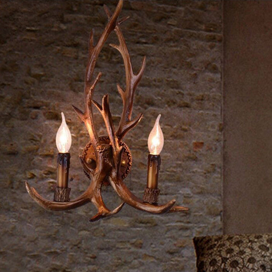 Brown Deer Horn Wall Light With Resin Heads And Candle Decor Perfect For Restaurants