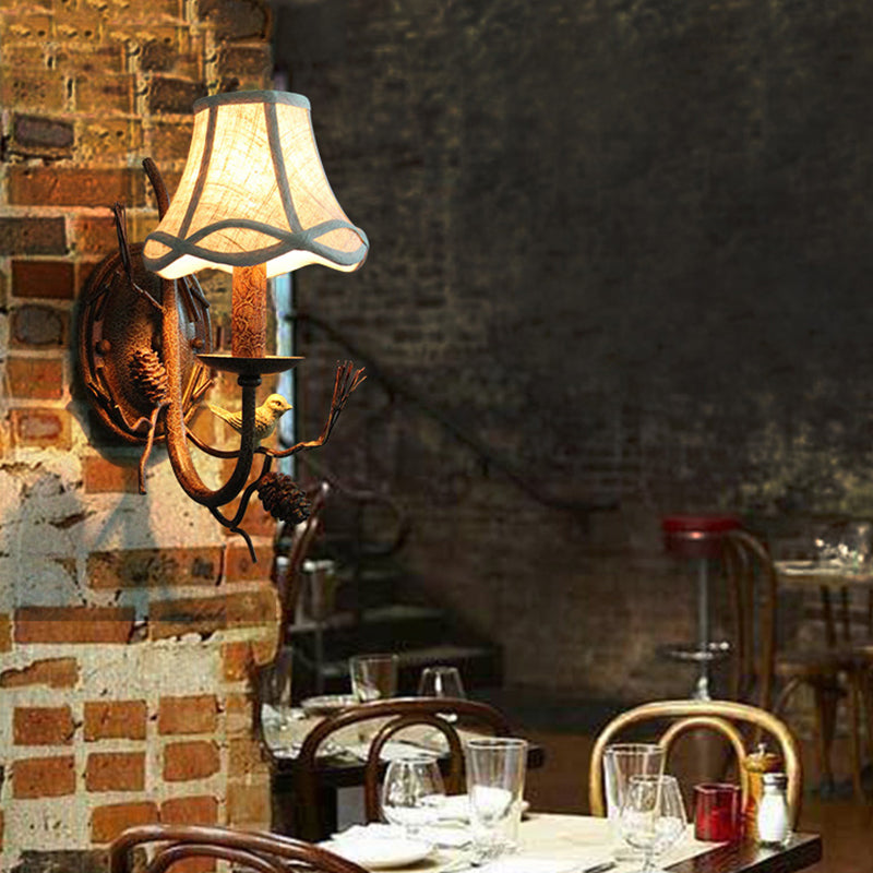 Traditional Flared Brown Fabric Wall Light With Decorative Bird And Pinecone - Perfect For