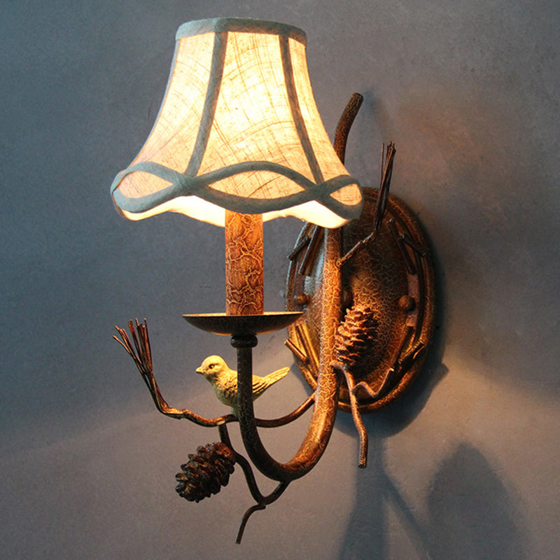 Traditional Flared Brown Fabric Wall Light With Decorative Bird And Pinecone - Perfect For
