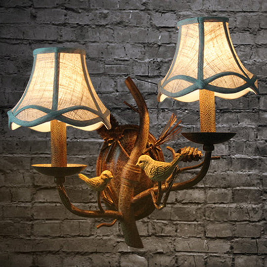 Traditional Flared Brown Fabric Wall Light With Decorative Bird And Pinecone - Perfect For