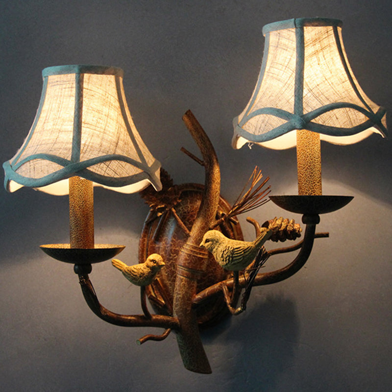 Traditional Flared Brown Fabric Wall Light With Decorative Bird And Pinecone - Perfect For