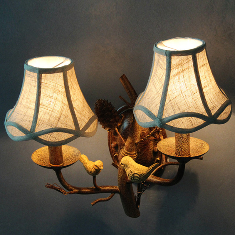 Traditional Flared Brown Fabric Wall Light With Decorative Bird And Pinecone - Perfect For