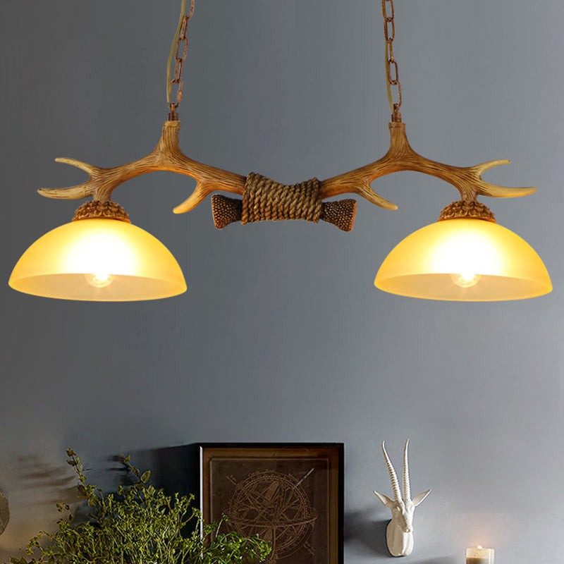 Retro Dome Pendant Light With Beige Glass And Decorative Deer Horn - Set Of 2