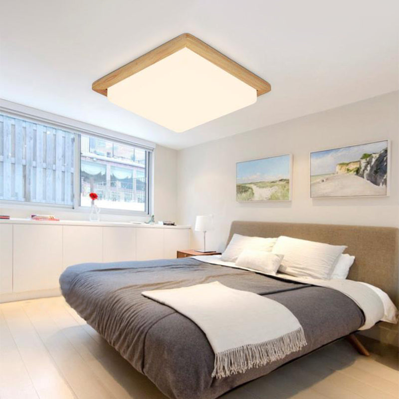 Modern Square Ceiling Mount Light With Beige Acrylic Shade Led Flush Lamp (White/Warm Light) Wood