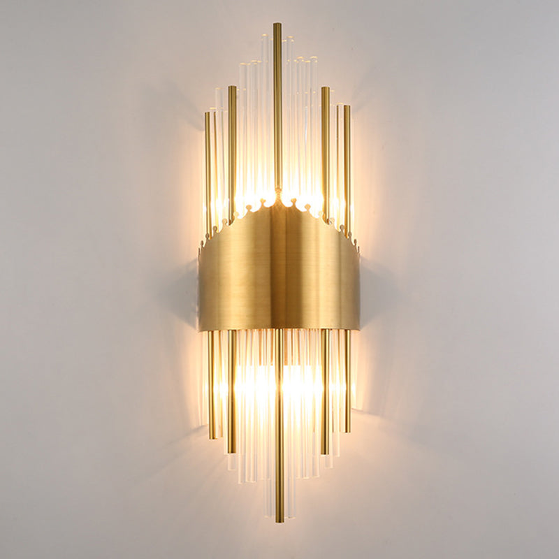 Crystal Rod Wall Sconce In Gold - Elegant Dual Bulb Lighting For Living Room Walls / H