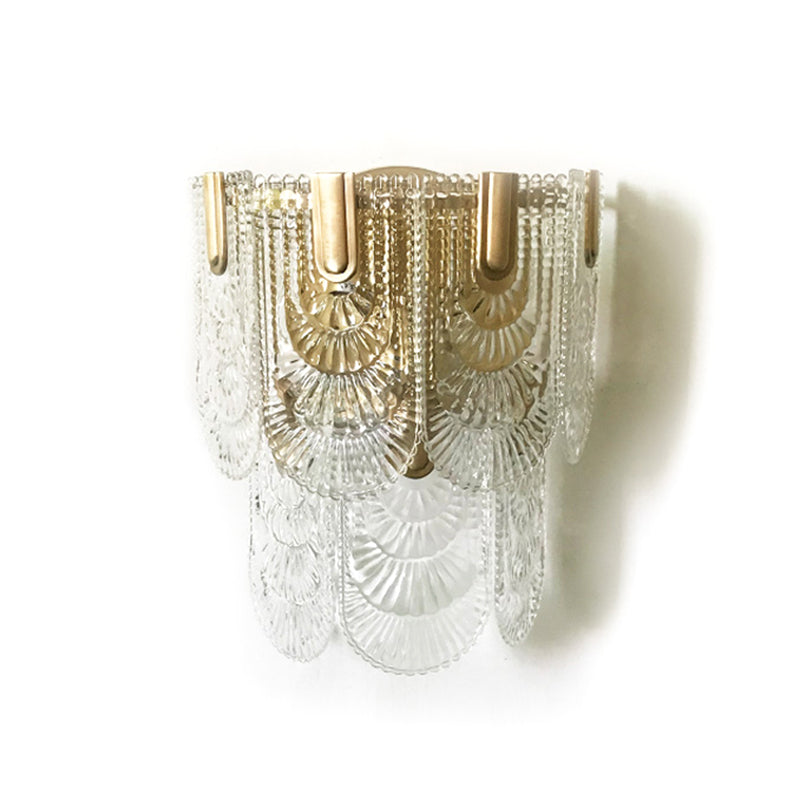 Minimalist Brass Wall Light: Tiered Scalloped Crystal Fixture With 3 Bulbs