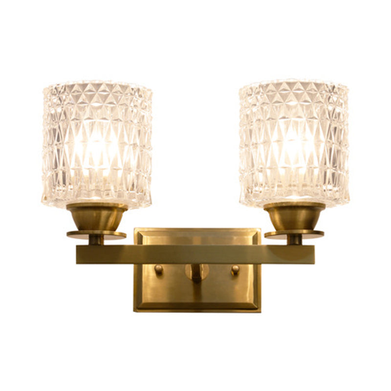 Contemporary Brass Wall Light Fixture With Lattice Glass For Corridor - Cylinder Shape