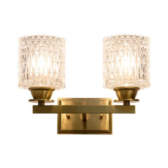 Contemporary Brass Wall Light Fixture With Lattice Glass For Corridor - Cylinder Shape