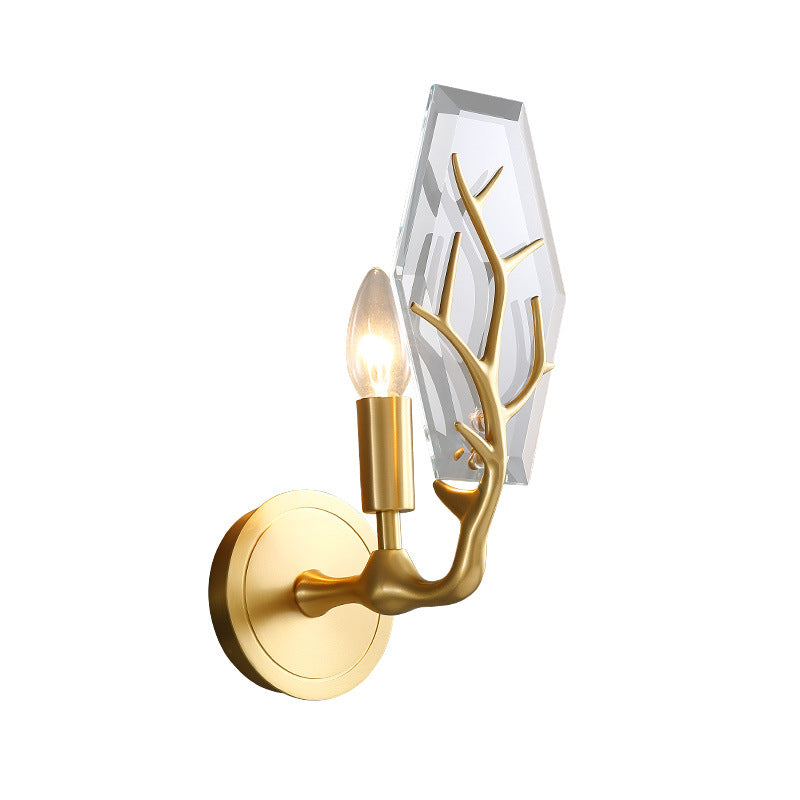 Hexagonal Crystal Wall Lamp - Artistic Single Fixture In Brass For Living Room