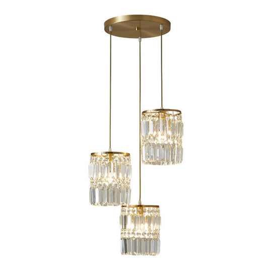 Modern Brass Pendant Chandelier With Tri-Prism Crystals - 3-Light Dining Room Fixture