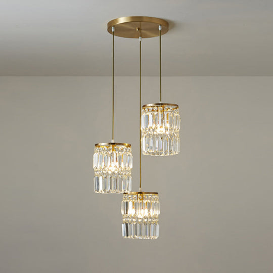 Brass Multi-Light Chandelier With Cylinder Hanging Pendant And Tri-Prism Crystal For Contemporary