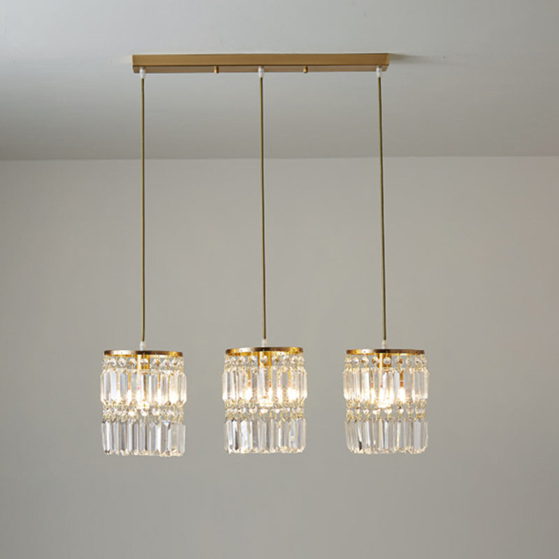 Brass Multi-Light Chandelier With Cylinder Hanging Pendant And Tri-Prism Crystal For Contemporary