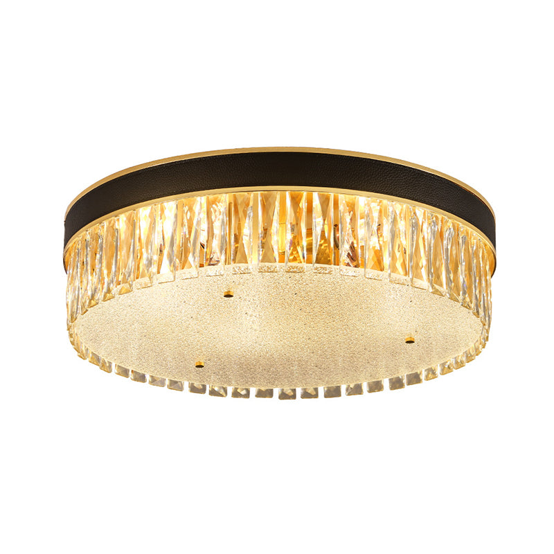 Faceted Crystal Drum Flush Mount Black Minimalist Lighting Fixture