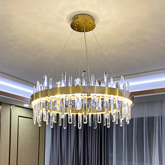 Gold Geometric Ring Led Ceiling Light With Faceted Crystal Chandelier