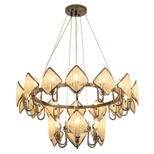Postmodern Ring Ceiling Chandelier With Rhombus Crystal Shade - Elegant Metal Living Room Light