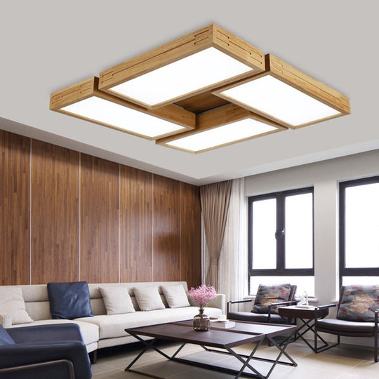 Minimalist Wood Ceiling Mounted Light With Acrylic Diffuser - Beige Rectangle Shape 1/4 Lights