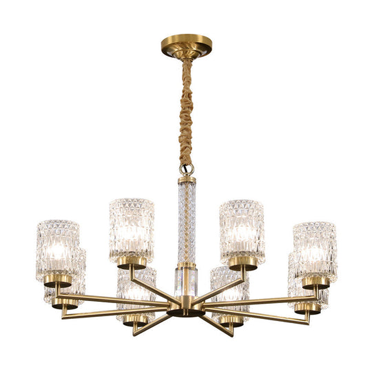 Modern Cylindrical Pendant Chandelier With Beveled Crystal In Gold – Ideal For Living Rooms