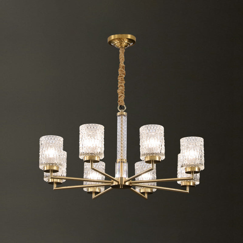 Modern Cylindrical Pendant Chandelier With Beveled Crystal In Gold – Ideal For Living Rooms