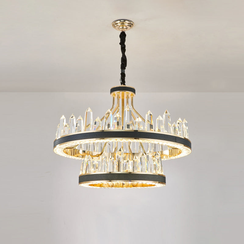 Minimalist Black Crystal Pendant Chandelier For Living Room Décor / 2 Tiers 31.5’’