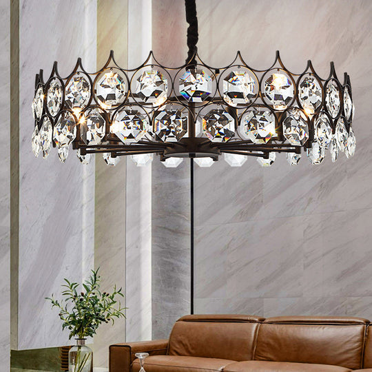Modern Black Geometric Chandelier With Beveled Crystal Pendant Light For Living Room