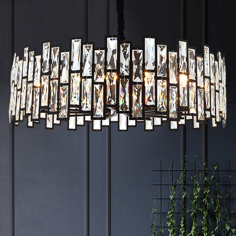 Minimalist Black Crystal Chandelier Pendant Light For Living Room - Drum Shaped Beveled Design