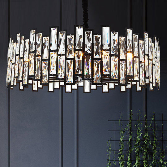 Minimalist Black Crystal Chandelier Pendant Light For Living Room - Drum Shaped Beveled Design